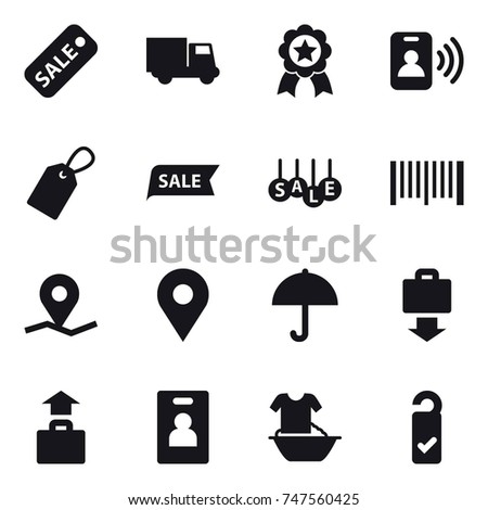 16 vector icon set : sale, truck, medal, pass card, label, barcode, baggage get, baggage, identity card, handle washing, please clean
