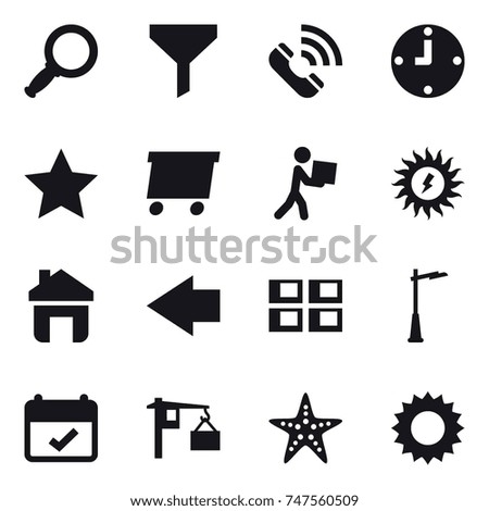 16 vector icon set : magnifier, funnel, call, clock, star, delivery, courier, sun power, home, left arrow, panel house, outdoor light, starfish, sun
