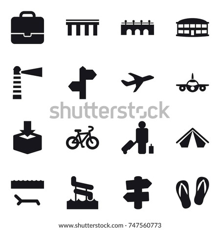 16 vector icon set : portfolio, bridge, airport building, lighthouse, bike, passenger, tent, lounger, aqua park, signpost, flip-flops