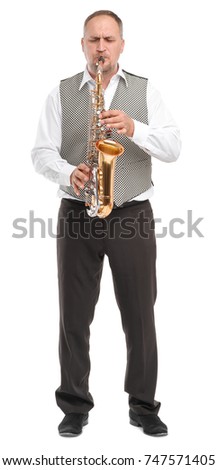 Man playing saxophone on white isolated background in full length