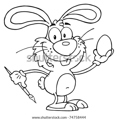 Outlined Happy Cartoon Rabbit Painting Easter Egg
