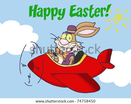 Happy Easter Greeting From Rabbit Flying With Plane