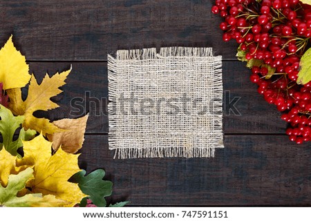 Autumn background. Juicy red berries of a viburnum, dry leaves on a dark wooden background. Space for inscriptions.
