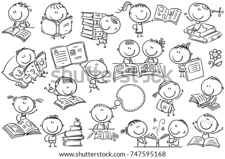 Funny doodle kids with books in different poses. Easy to print and edit. Vector files can be scaled to any size.