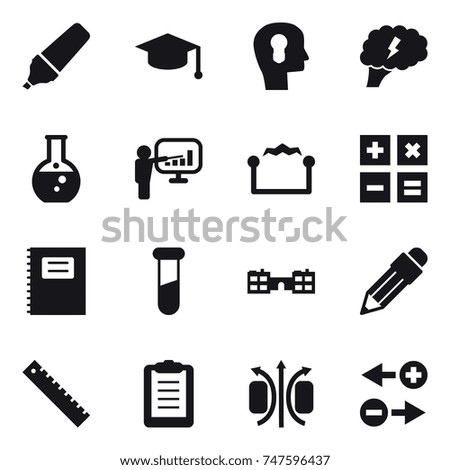 16 vector icon set : marker, graduate hat, bulb head, brain, round flask, presentation, electrostatic, calculator, copybook, school, pencil, ruler