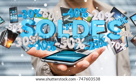 Businessman on blurred background holding sales icons over his phone 3D rendering