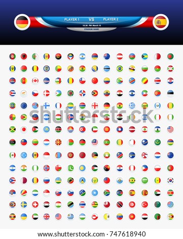 World flag vector illustration collection with score board, soccer, football, volleyball, boxing, wrestling, team, all sports timer display screen