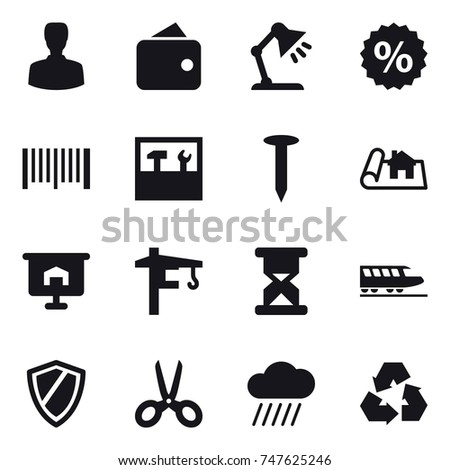 16 vector icon set : man, wallet, table lamp, percent, barcode, tools, nail, project, presentation, tower crane, train, shield, scissors, rain cloud, recycling