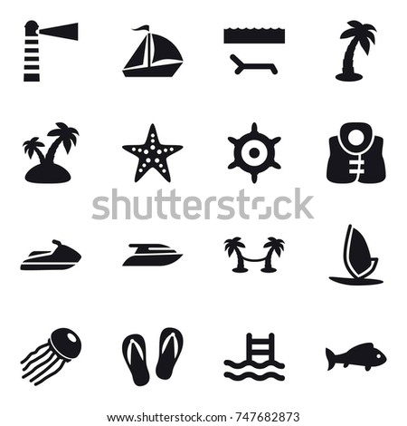 16 vector icon set : lighthouse, sail boat, lounger, palm, island, starfish, handwheel, life vest, jet ski, yacht, palm hammock, windsurfing, jellyfish, flip-flops, pool, fish