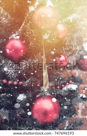 Christmas cards with garlands, balls, snow, glare and blur. As background, place for text