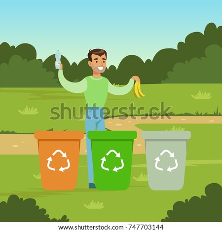 Ecological lifestyle concept with man throwing out garbage