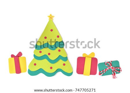 Christmas tree and gifts paper cut on white background - isolated