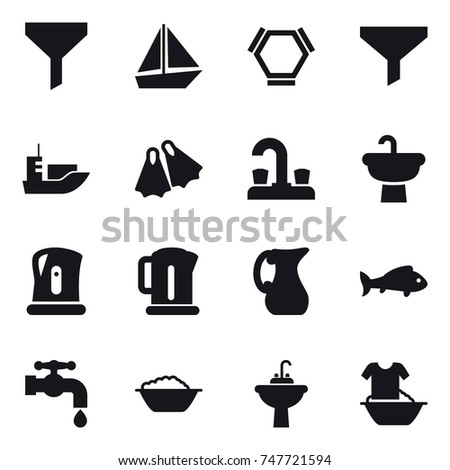 16 vector icon set : funnel, boat, hex molecule, flippers, water tap, kettle, jug, fish, foam basin, water tap sink, handle washing
