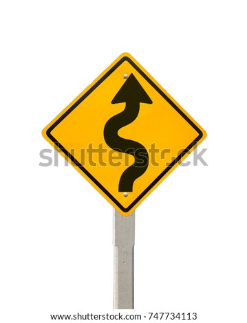 Winding Road warning, Road symbol signs and traffic symbols for roadway, Yellow board with reflection and concrete post, isolated on white with clipping path