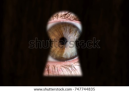 Women's brown eye looking through the keyhole. The concept of voyeurism, curiosity, Stalker, surveillance and security Royalty-Free Stock Photo #747744835