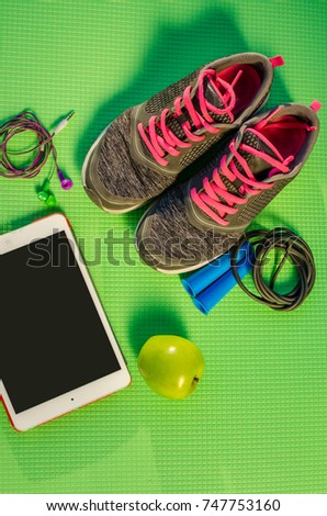 Sports and physical activity equipment and healthy food for diet