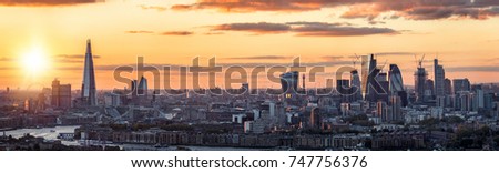 Panorama of the modern skyline of London, United Kingdom, during sunset