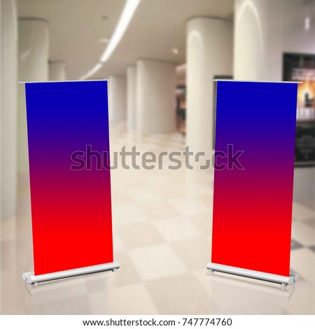 Blank color roll-up banner stand isolated on shopping mall background. Include clipping paths around stand and ad banner. 3d render