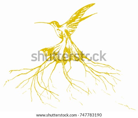 Hand draw sketch of a strange hummingbird with roots on the tail. Abstract background.