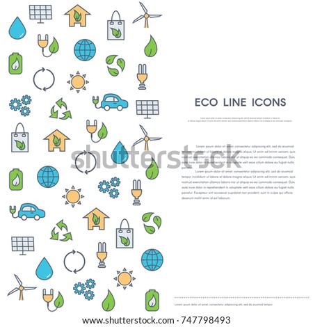 Vertical Banner with Eco Line Icons: windmill, solar panel, recycling, reuse, electric car, alternative energy, clean water, green home. Vector illustration.