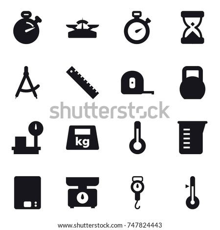 16 vector icon set : stopwatch, scales, draw compass, ruler, measuring tape, thermometer, measuring cup, kitchen scales, handle scales
