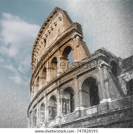 Close up on Roman colloseum in Rome, Italy, black and whiteClose up on Roman colloseum in Rome, Italy, sketch to photo effect, soft focus