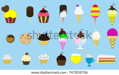 Collection of 21 vector ice cream and differents cakes.