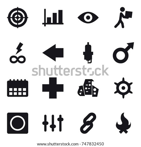 16 vector icon set : target, graph, eye, courier, infinity power, left arrow, spark plug, modern architecture, handwheel, ring button, fire