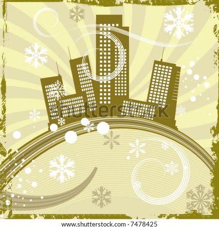 Urban winter background with a cityscape and snowflakes, vector illustration series.