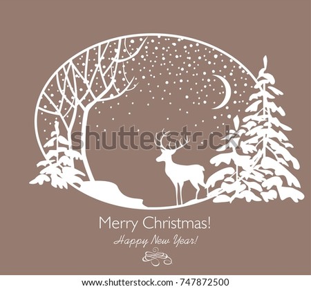 Greeting Christmas retro card with cut out paper firs, tree, reindeer and snowfall