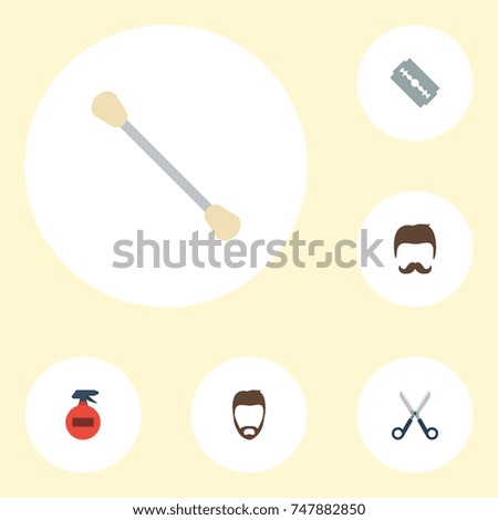 Flat Icons Cotton Buds, Hairstyle, Moustache And Other Vector Elements. Set Of Barbershop Flat Icons Symbols Also Includes Razor, Scissors, Cutter Objects.