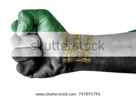 Fist painted in colors of Afghanistan flag, fist flag, country of Afghanistan