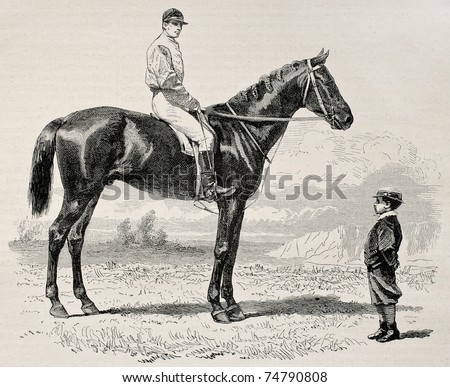 Old illustration of Suzerain, winner of  the Prix du Jockey Club (Derby) in 1868. Created by Janet-Lange and Dutheil, published on L'Illustration, Journal Universel, Paris, 1868