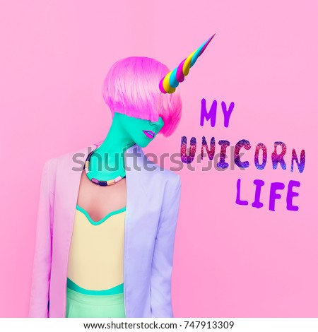 Contemporary art collage. Colorful girl. My unicorn life. Minimal Fashion style