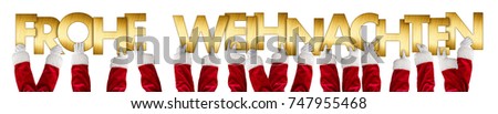 german frohe weihnachten english translation  merry christmas greeting santa claus hands holding up golden shiny metal letters lettering isolated wide panorama background