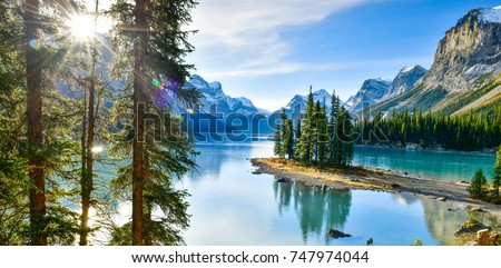 Panorama view Beautiful Spirit Island in Maligne Lake, Jasper National Park, Alberta, Canada Royalty-Free Stock Photo #747974044