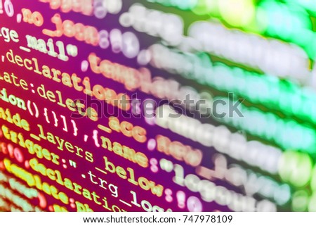 Monitor closeup of function source code. Big data database app. Javascript functions, variables, objects. Hacker breaching net security. PHP syntax highlighted. SEO optimization. 
