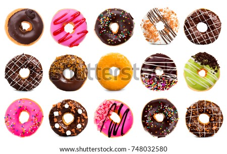 various doughnuts on white background Royalty-Free Stock Photo #748032580