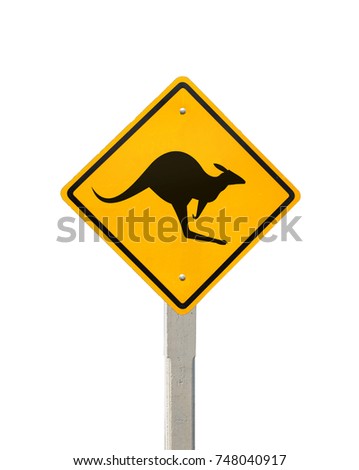 Kangaroo crossing road signs, Road symbol signs and traffic symbols for roadway, Yellow board with reflection and concrete post, isolated on white with clipping path