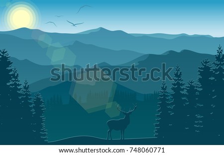 Vector illustration of Mountain landscape with deer and forest at morning