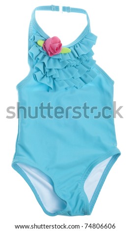 Blue Summer Bathing Suit with Pink Rose Isolated on White with a Clipping Path. Royalty-Free Stock Photo #74806606