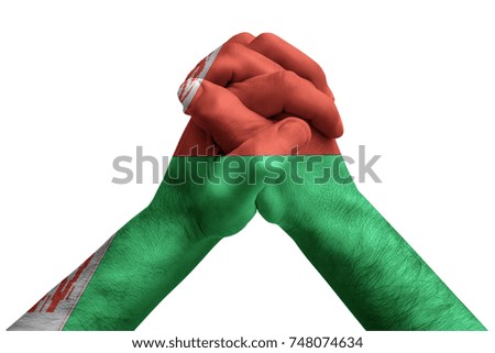Fist painted in colors of Belarus flag, fist flag, country of Belarus