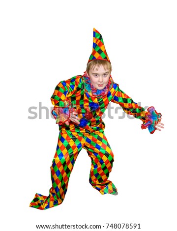 Six year old funny cute dancing boy in the clown suit. Without wig and makeup. Full-height portrait. Isolated, on white background