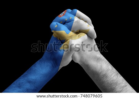 Fist painted in colors of Azores flag, fist flag, country of Azores
