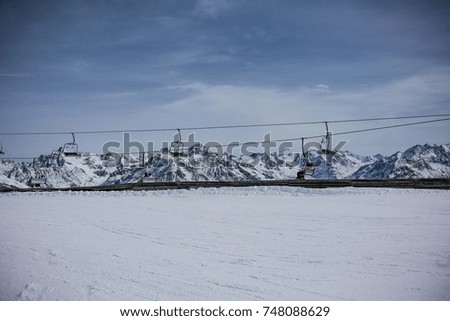 Landscape of winter alpine mountains. Solden ski area. View of the glacier. Free space for your product or promotional text.
