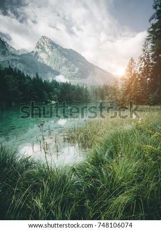 Famous lake Hintersee. Location resort Ramsau, National park Berchtesgadener Land, Upper Bavaria, Germany Alps, Europe. Scenic image of hiking concept. Adventure vacation. Explore the beauty of earth