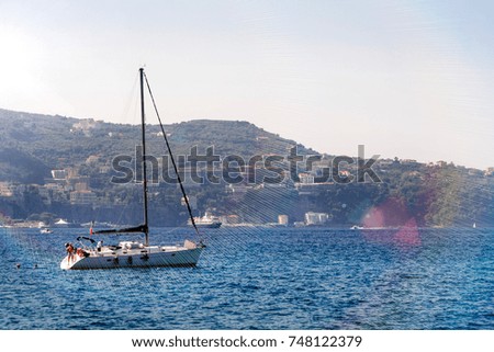 luxury boat, yacht floating on the water, blue sea and sky with copyspace, transportation relax and trip concept