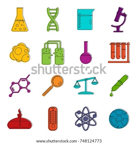Chemical laboratory icons set. Doodle illustration of vector icons isolated on white background for any web design