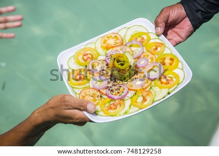 Two hands holding a plate of vegetables. Sea water on the background.