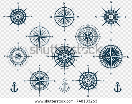 Set of wind roses silhouettes isolated on transparent background. Compass vector illustrations
